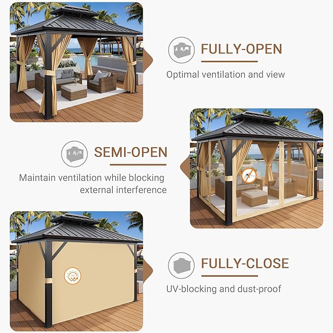 10x12 Gazebo Hardtop, Aluminum Frame Gazebos with Galvanized Steel Double Roof, Mosquito Net & Privacy Curtain,for Patio, Porch, Garden, Lawn, Deck, Backyard