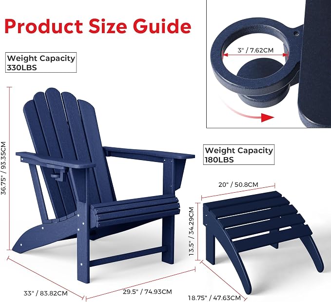 Costaelm Lakeview 2-Piece Outdoor Patio HDPE Adirondack Chair with Ottoman and Cup Holder Set, Navy Blue