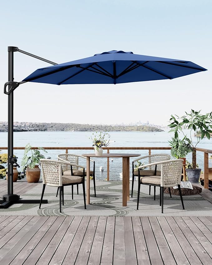 GarveeLife 10 ft Cantilever Umbrella Outdoor Patio Umbrella w/Base Included Market Offset Umbrella Sun Shade Windproof with 360-Degree Rotation for Patio Garden Deck Pool, Navy Blue