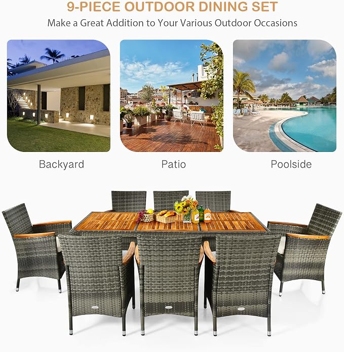 Patio Dining Set Outdoor Dining Set, 9 Pieces Wicker Patio Furniture Set with Acacia Wood Table and Chairs, Garden Dining Table Set for Backyard, Desk, Poolside, Christmas(Grey)