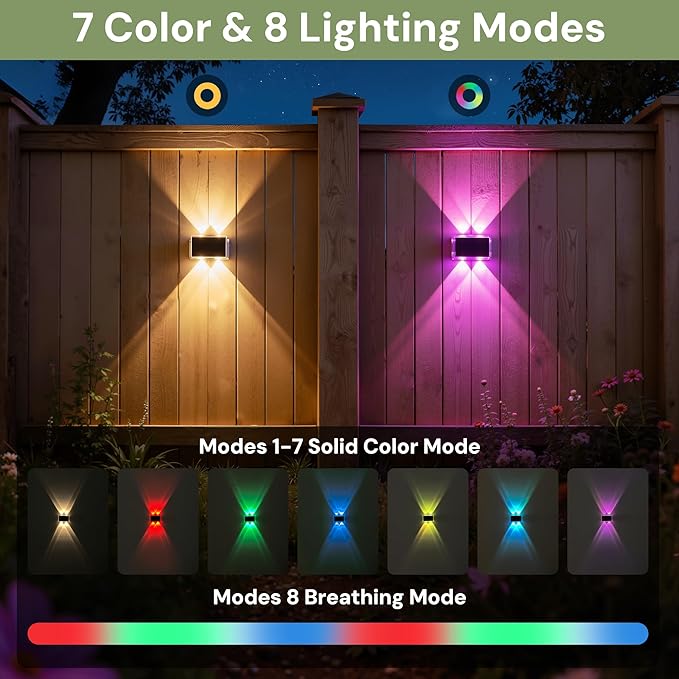 L LOHAS LED Solar Fence Lights Outdoor,8 Modes RGB Fence Lights Solar Powered, IP65 Waterproof Outdoor Step Light for Step Backyard Deck Wall Pathway Patio(6 Pack)
