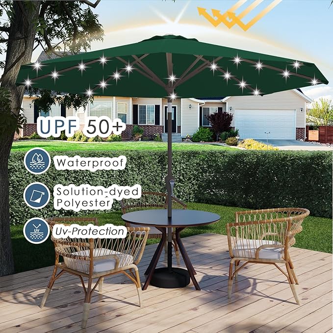 9FT Patio Umbrella with Solar Lights,Outdoor Market Umbrella with Tilt and Crank, LED Lighted Table Umbrella for Garden,Deck,Backyard,Pool,Beach (Dark Green)
