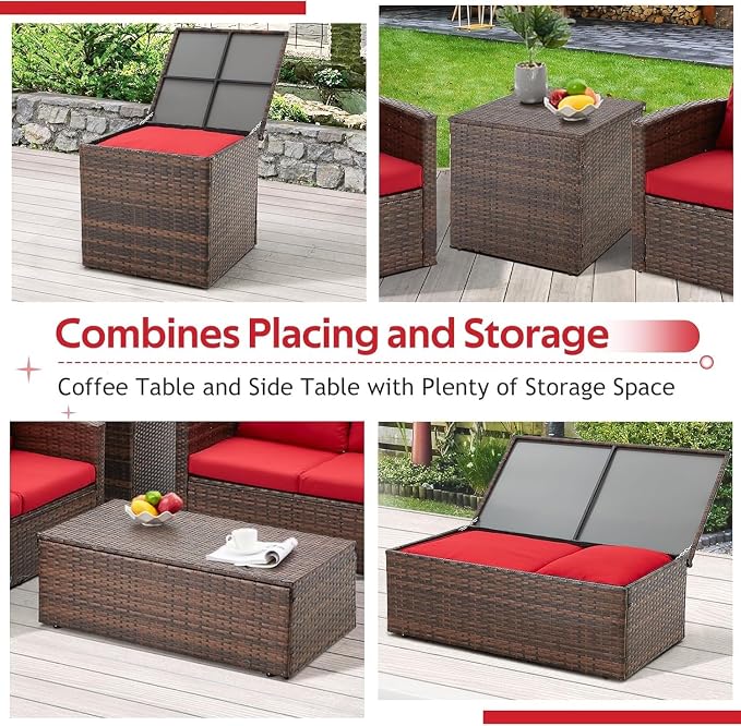 7 PCS Outdoor Patio Furniture Set with Storage Boxes & Cover, Rattan All-Weather PE Wicker Sectional Sofa Conversation Set for Backyard Garden Deck, Cushions Included