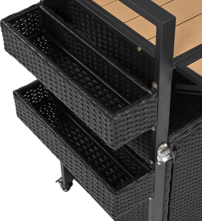 RUNNA Wicker Outdoor Grill Cart with Extended Plastic Wood Table Top, Rolling Kitchen Island on Wheels with Storage Cabinet, for Patio Backyard Garden Poolside, Double Handle Design (Black Brown@047)