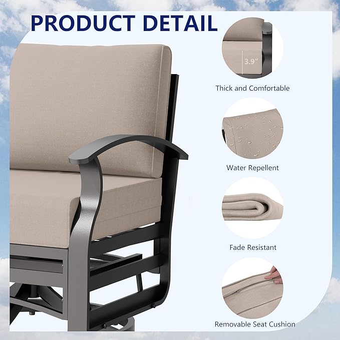 3 Piece Aluminum Swivel Rocking Chair Set, Outdoor Patio Swivel Gliders Chair with Glass Top Coffee Table, Conversation Furniture Set Suitable for Patio, Lawn, Outdoor, Back Garden(Brown)