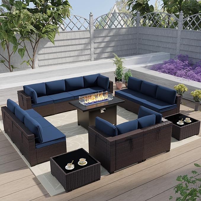 Outdoor Terrace Furniture Set, 15 Piece Outdoor Furniture Set, with 43 inch Aluminum 55003 BTU Propane fire Pit, PE Willow Vine Terrace Dialogue Set - Blue.