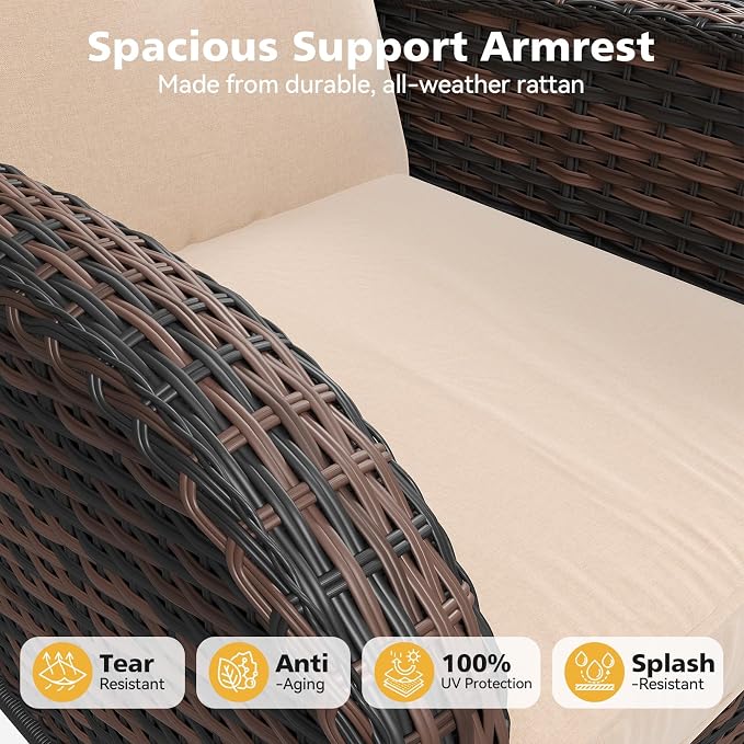 Aoxun 11 Piece Outdoor Patio Furniture Set with 44'' Fire Pit Table, Wicker Rattan Outdoor Furniture with High Back Swivel Rocker Chairs, Outdoor Sofa Set with Thick Cushion & Side Table, Beige