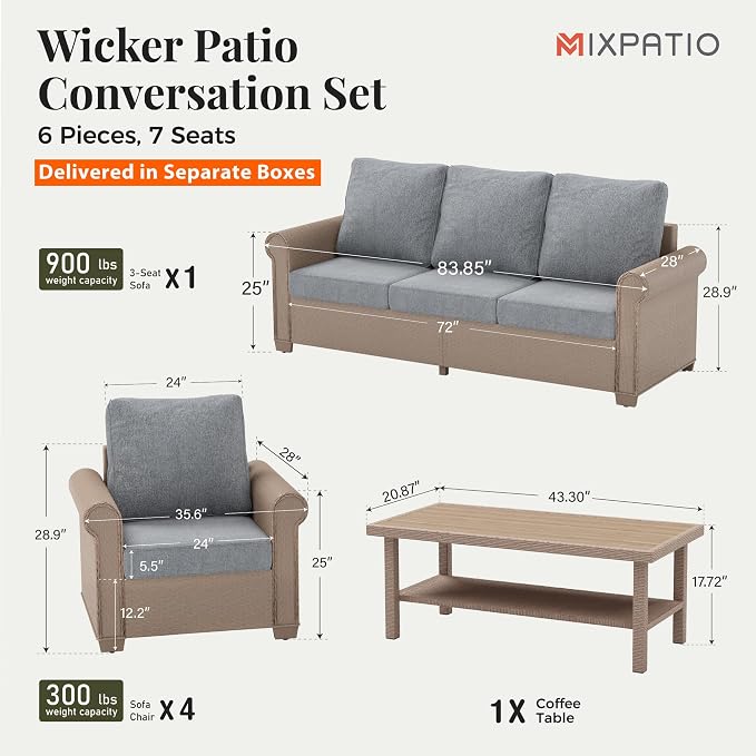 MIXPATIO Patio Furniture Set 6 pcs, Wicker Outdoor Patio Furniture, 3-Seat Sofa, 4 Single Chairs and 56" Gas Fire Pit Table, Rattan Patio Conversation Set for Backyard Deck, Grey