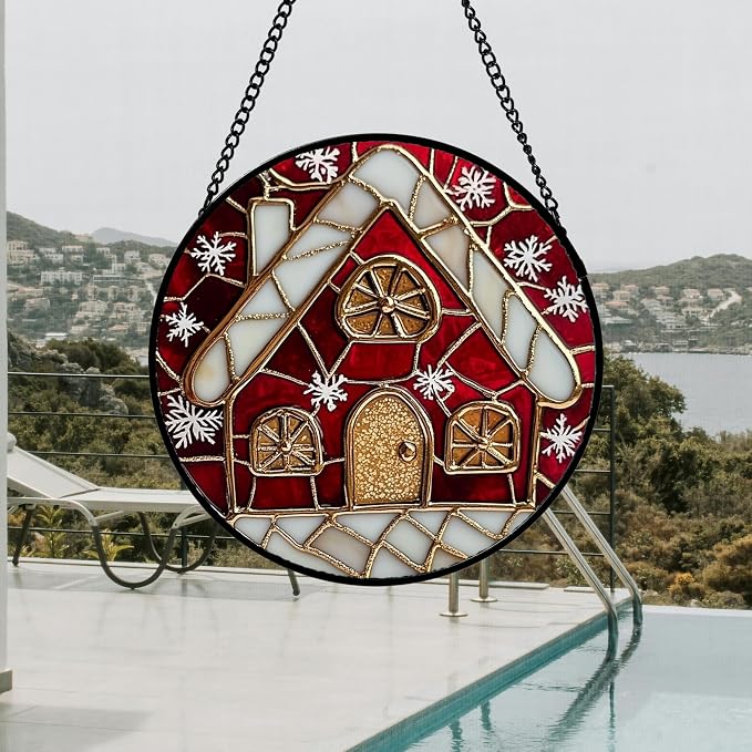 DASTOLL Stained Glass Window Hanging 4 Pcs Set Red Christmas Themed Decorations 6.3" - Suncatcher Door Garden Sun Catcher Decor Birthday New Year for Mom Woman Nana Men