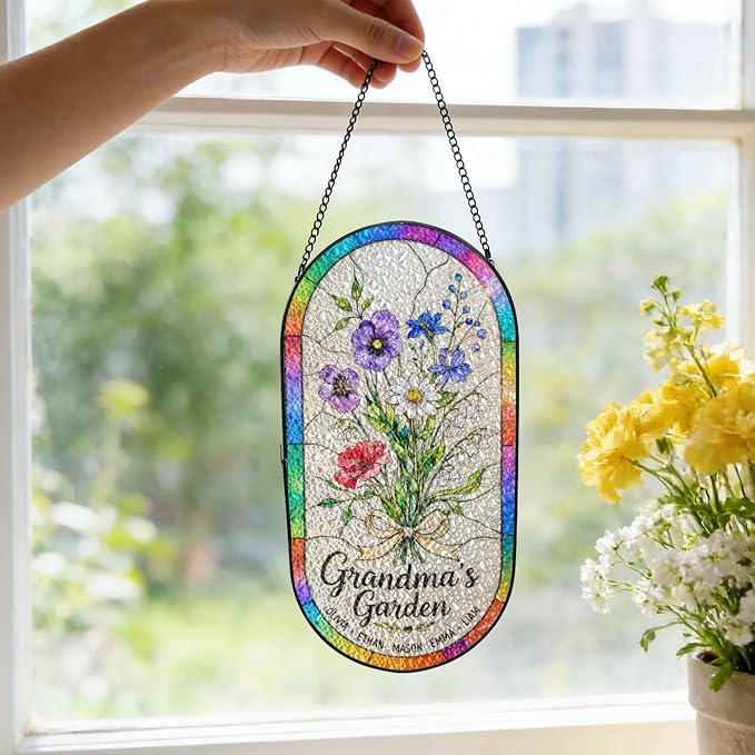 Personalized Mother’s Day Suncatcher Oval – Custom Birth Flower Suncatcher for Mom Grandma – Stained Glass Style Personalized Gift with Kids Names for Mom Nana Grandma