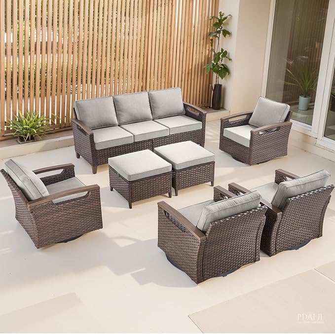Rilyson Wicker Outdoor Patio Furniture Set - 7 Piece Patio Conversation Sets with Swivel Rocker Chairs, Ottomans, and Sofa, Thick Cushions, Waterproof Wicker, for Porch Deck Brown/Beige
