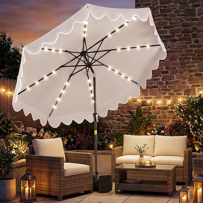 Tangkula 9 FT Solar Patio Umbrella with Base Included, 2-Tiers Outdoor Scalloped Table Umbrella with 32 LED Lights, 2 Sandbags, Tilt Adjustment, Crank, 8 Ribs for Market Backyard Pool Deck Beach Lawn