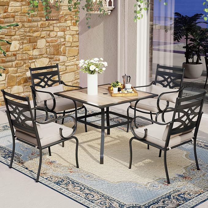 MFSTUDIO Patio Dining Set, 37" Square Wood-Look Table, Fixed Chairs | Umbrella Hole, Seats 4, All-Weather Use