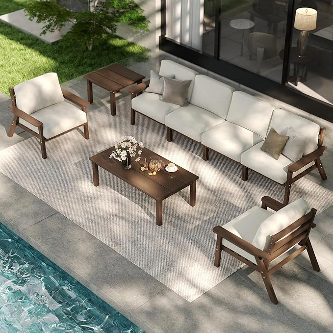7 Piece Patio Furniture Set, HDPE Outdoor Sectional with Beige Washable Thick Cushions, Coffee Table & Side Table, Patio Conversation Sets for Lawn, Garden, Porch, Balcony (Brown Frame)