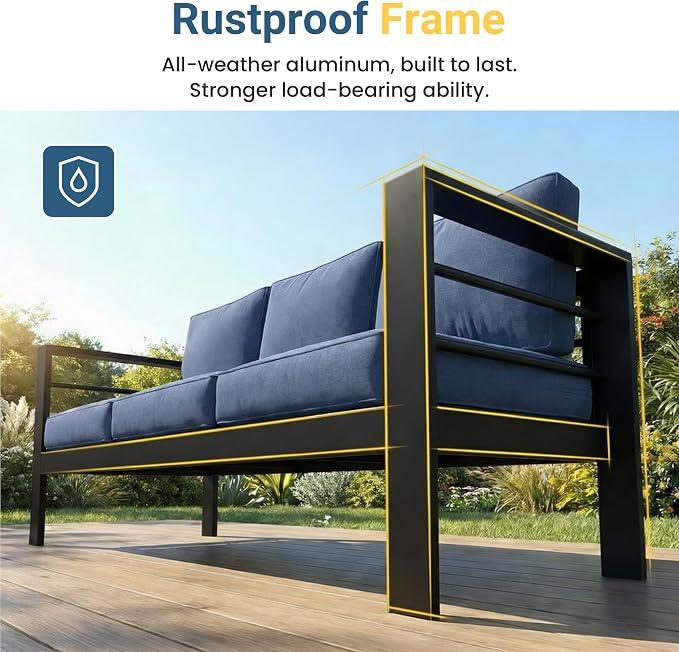 Wisteria Lane 6 Pieces Aluminum Patio Furniture Set with Umbrella, All Weather Oversized Outdoor Furniture Set with Deep Seat and Back Cushion, Patio Conversation Sets with Wide armrest, Blue & Kahki