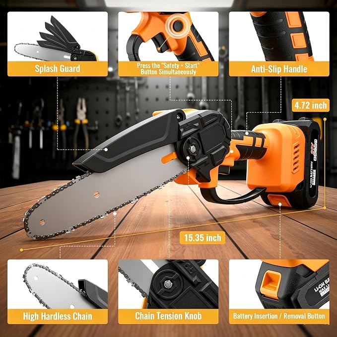 Mini Chainsaw Cordless,6-inch Electric Chain Saw with 2 Lithium Battery Powered,Hand Held Saw for Tree Trimming and Wood Cutting,Best Garden Tools,Unique Gift for boyfriend,father,Men,Orange