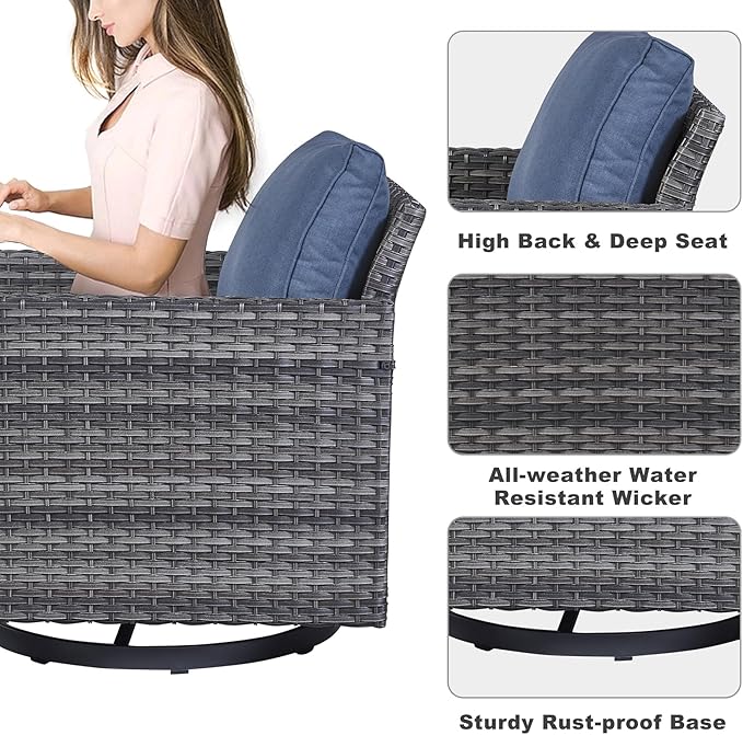 Belord 7 Piece Outdoor Furniture Patio Wicker Sofa Set, Oversize Outdoor Swivel Rocker Chairs with Rattan Ottomans, Conversation Sets Patio Furniture Come with Removable Washable Cushion Blue