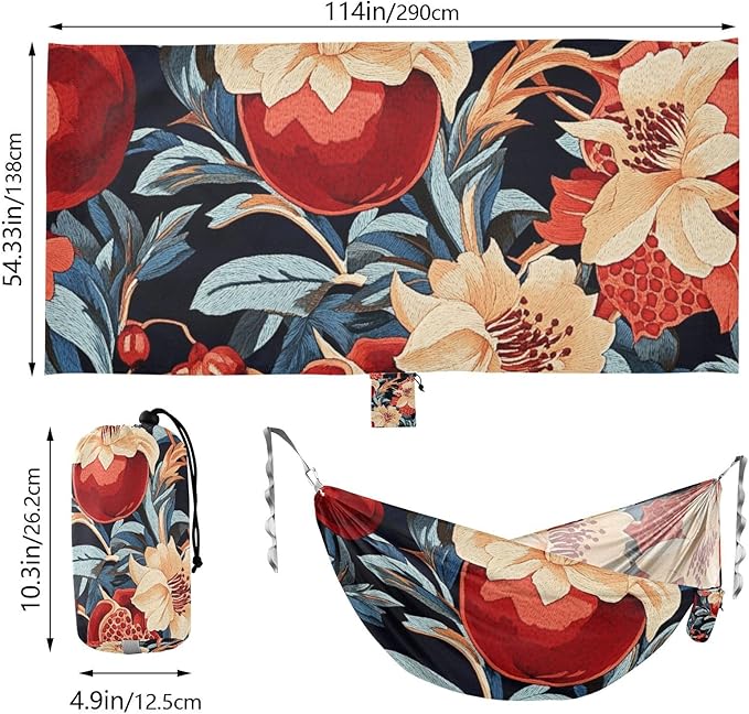 Retro Red Pomegranates Red Flowers Pattern 330lb Capacity Camping Hammocks with Hanging Rope Swing Hammock for Indoor Outdoor Patio Base de hamaca para adultos