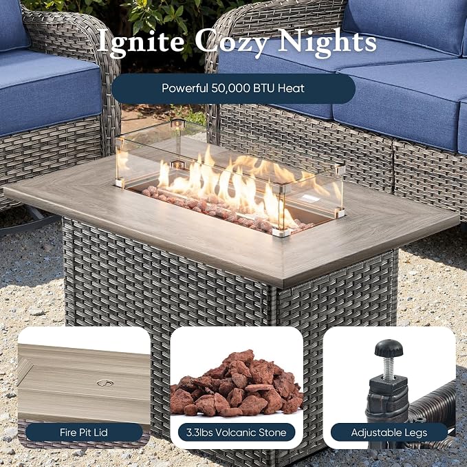 Belord Luxury 6" Thick Cushioned 5 Pieces Patio Furniture Set with Fire Pit Table, Wicker Outdoor Conversation Set with High Back Swivel Rocker Chairs for Deck Porch Yard and Poolside - Grey+Grey