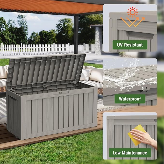 Mars Villa 72 Gallon Deck Box, Outdoor Storage Box Waterproof, Outside Resin Storage Bin for Patio Furniture Cushion, Pool Supply, Garden Tool, UV-Resistant and Weatherproof, with 4 Wheels, Greige