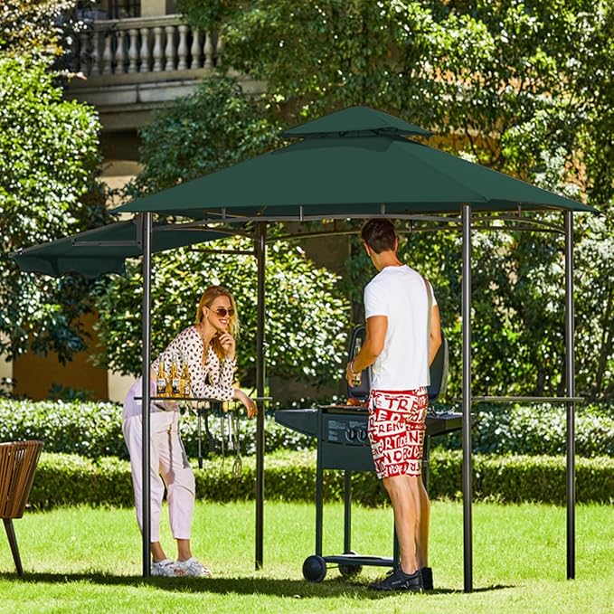 FAB BASED 5x8 Grill Gazebo with Extra Awning, All-Weather Steel Construction, Double Tiered & Resistant Canopy Roof, Metal Serving Shelves, 2 LED, Bottle Opener for Patio, Backyard, BBQ (Green)