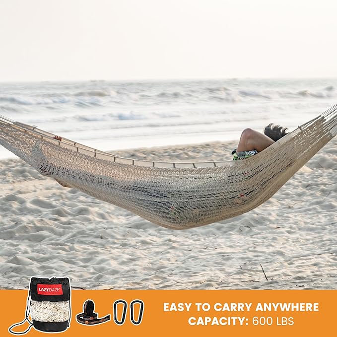 Lazy Daze Hammocks Handwoven Mayan Hammock, 10.5 FT Soft Rope Double Hammocks, Portable Outdoor Hammock with Carry Bag, 2 Straps & Carabiners for Patio Outside, 550 lbs Weight Capacity, Natural