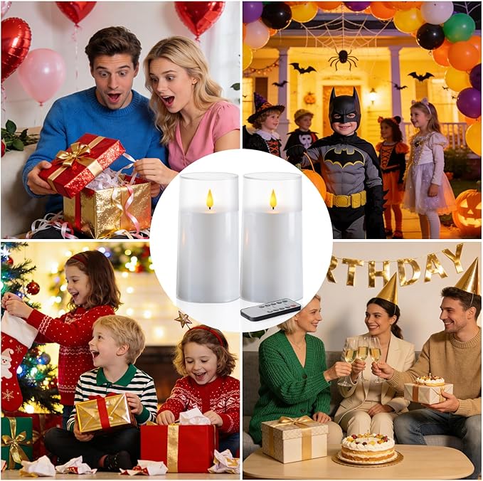 Homemory 3"×6" Battery Candles with Remote & Timer, White Acrylic Realistic Flickering LED Pillar Candles, Waterproof Fake Candle for Home and Lantern Decor, Set of 2