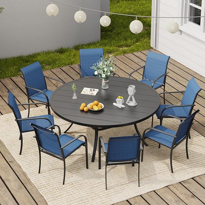 VICLLAX Round Outdoor Dining Set, Patio Table and Chairs Set Set of 8 Patio Stackable Chairs and 53" Outdoor Round Table with Umbrella Hole for Backyard Lawn Garden, Blue Chairs and Black Table