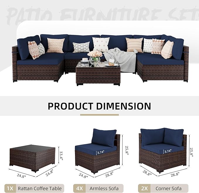 UPHA 7 Pieces Patio Furniture Sets, Wicker Outdoor Sectional Sofa Couch with Coffee Table, Patio Conversation Set for Deck Backyard Garden, Brown Rattan, Navy Blue Cushion