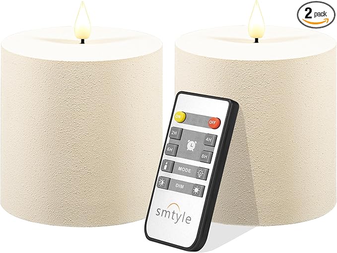 smtyle 4" x 4" Ivory LED Flameless Battery Plastic Operated Flickering Pillar Candles with Remote Set of 2 for Bathroom, Coffee Table or Dining Table Decor