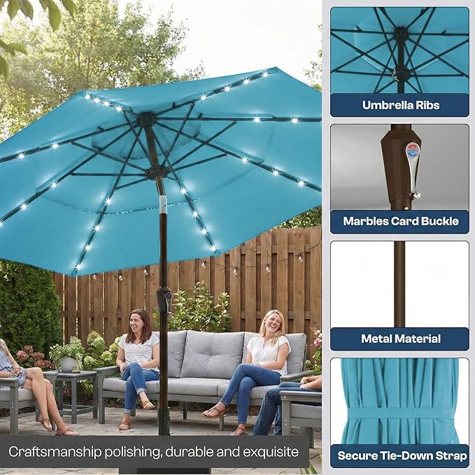 10ft 3-Tier Patio Umbrella with 32 Solar Powered LED Lights, Windproof Outdoor Market Umbrella for Deck, Poolside & Garden, Sturdy Push-Button Tilt Table Umbrella, Sky Blue