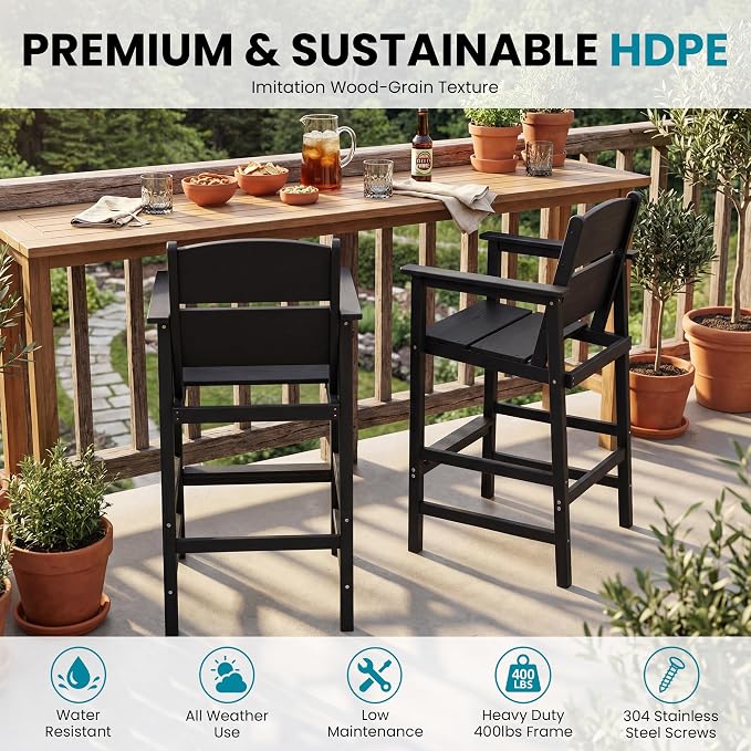 Outdoor Bar Table Set 3 Piece, HDPE Patio Bar Height Furniture Set with 2 Chairs, Small Space Patio Furniture, Weather Resistant Balcony Bistro Set for Garden, Deck, Porch, Premium Black