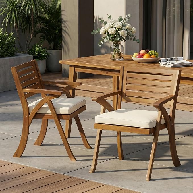 Merax Outdoor Dining Chairs Set of 2, Acacia Wood Chair with Armrests and Cushons, Patio Chair for Porch Deck Garden Lawn Backyard Poolside, Teak Finish, Bear 400LBS