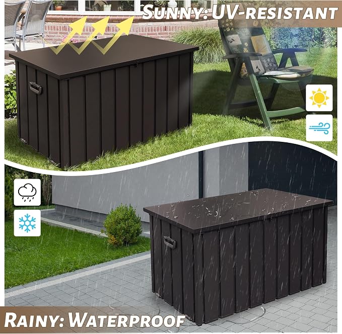 100 Gallon Metal Outdoor Storage Box, Deck Box Waterproof, Outside Steel Storage Lockable Cabinet, Indoor Storage Bin Container for Patio/Poolside/Backyard Cushions, Pillow -Brown