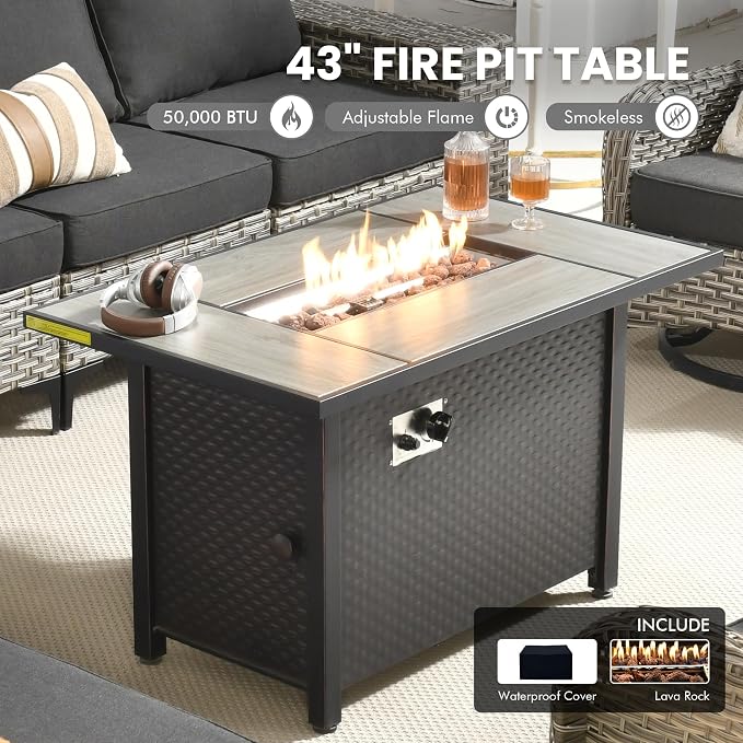 8 Pcs Patio Outdoor Furniture Set - All Weather Wicker Outdoor Sectional Sofa Couch with Swivel Fire Pit Table and Rocking Chairs e,Patio Rattan Conversation Set for Garden Deck Yard,Black