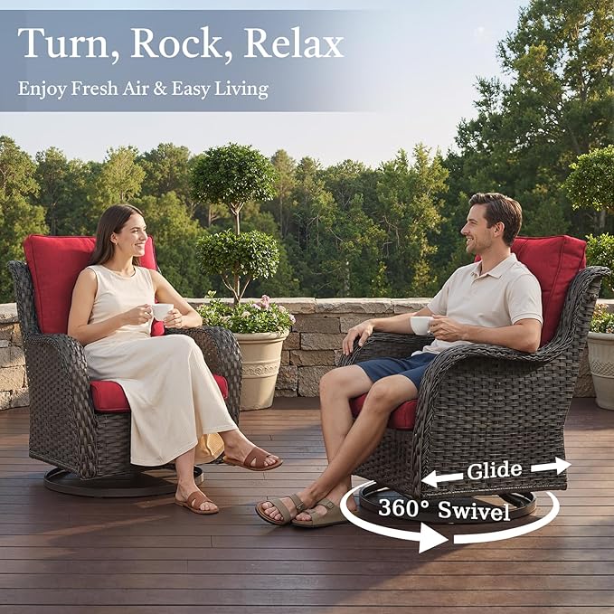 8 Piece Patio Furniture Set with 41" Fire Pit Table - Patio Conversation Set with 4 Inch Thick Cushions and Deep Seating Swivel Glider Chairs Set of 4 & Outdoor Couch for Porch Deck Yard Pool
