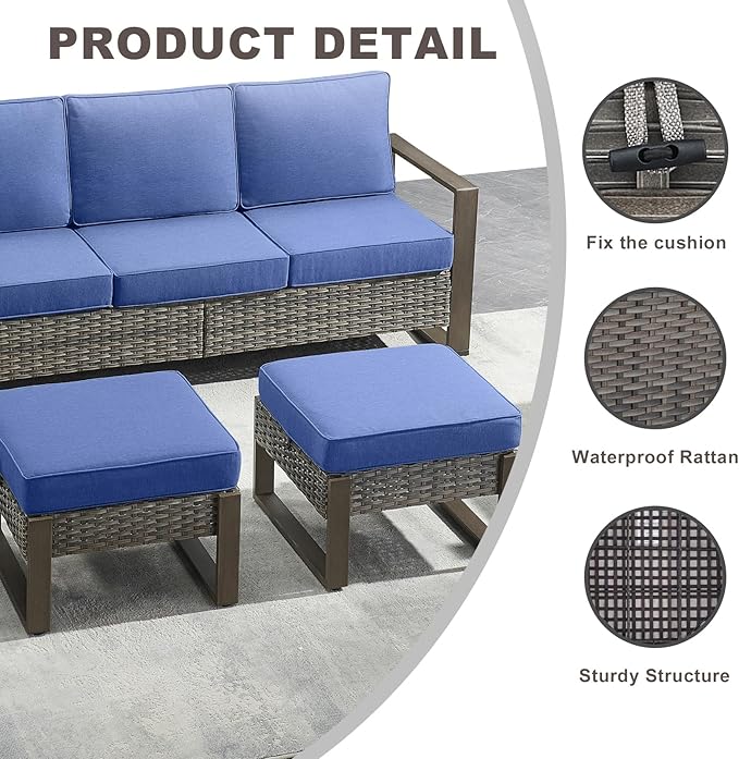 Rilyson Outdoor Ottoman Wicker Patio Footrest - 2 Piece Wicker Footrest Footstools Set with Sturdy Frame,All-Weather PE Wicker, Thick Cushions for Deck Porch Garden(Mixed Grey/Blue)