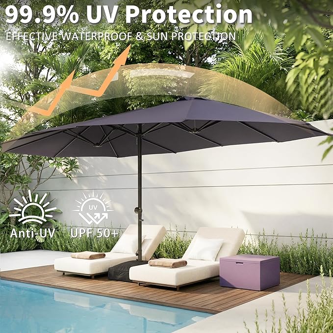 15FT Large Double Sided Patio Umbrella, Aluminum Crank and Heavy Duty Carbon Steel Ribs Outdoor Umbrellas, Fade Resistant Rectangular Market Umbrella for Garden, Patio, Restaurant, Business, Deck, Backyard, Party, Navy Blue