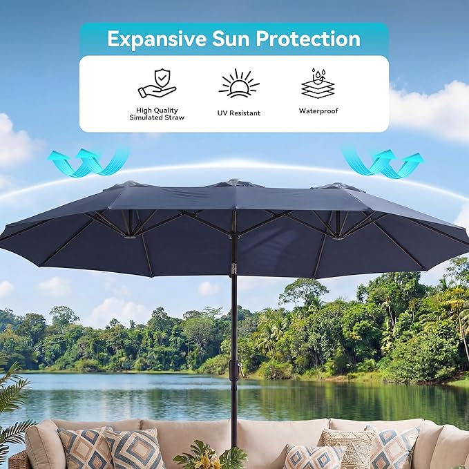 COSIEST 15FT Patio Umbrella with Base Included, Outdoor Double-Sided Table Umbrella,Large Rectangular Market Umbrella w Crank Handle for Garden, Pool, Deck Shade, Navy Blue