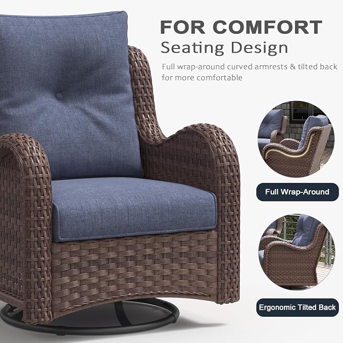 LayinSun 10 Pieces Outdoor Patio Furniture Set with Fire Pit Table, Rattan Wicker Sectional Swivel Rocker Chairs Sets with Ottomans, Swivel Glider Chair, Single Chairs and Coffee Table