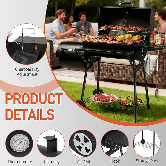 VINGLI Barrel Charcoal Grill with Offset Smoker, Built-in Lifting Carbon Mesh, Large Charcoal Barbecue Smoker Grill Combo for Outdoor Backyard Patio Camping Parties 52 × 20 × 44 inch