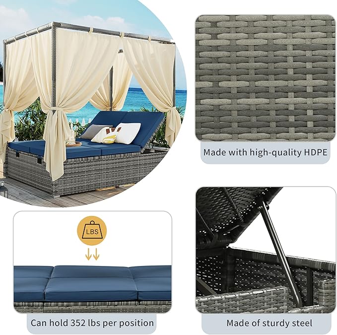 KEVINSPACE Outdoor Daybed with Curtain Canopy Bed Patio Furniture Adjustable Sunbed Set All-Weather Rattan Sun Lounger Patio Wicker Sofa Set Patio Conversation Set Curtains for Garden Yard Blue