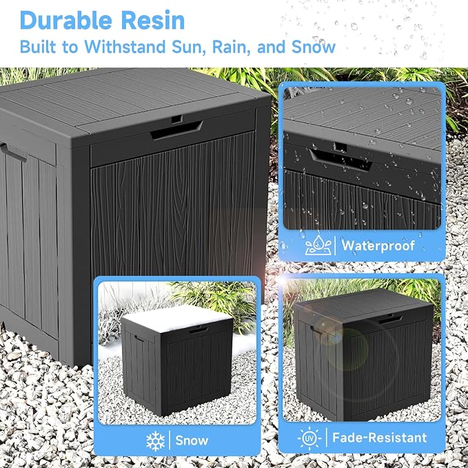 ROJIK 37 Gallon Resin Deck Box, Lockable Waterproof Weatherproof Outdoor Storage Container for Garden Tools, Cushions & Outdoor Accessories（Black