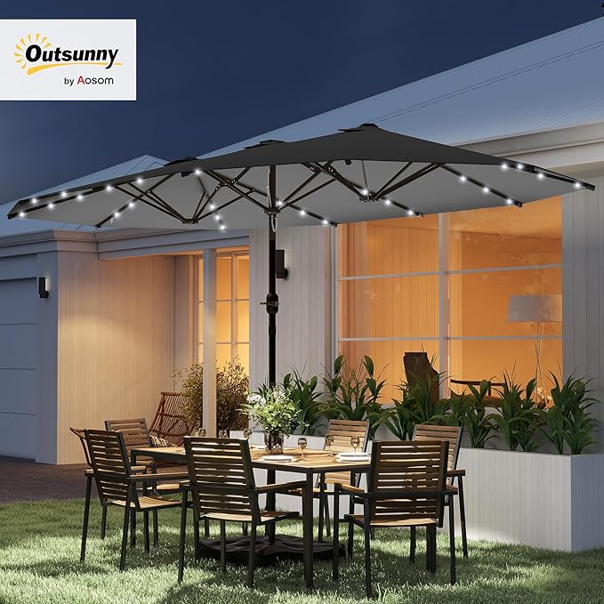 Outsunny 14.4ft Large Patio Umbrella with 36 Solar LED Lights, Double Sided Outdoor Umbrella with Base Included