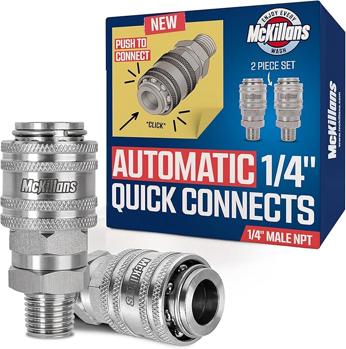McKillans® 1/4” Nozzle Automatic Quick Connect Fittings - Stainless Steel 1/4” NPT Male Quick Connect Couplers - Coupler for Pressure Washer Gun - Pack of 2