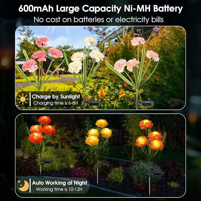 ReyeeInc Solar Flowers Outdoor Waterproof, Solar Carnation Stake Lights Outside with 12 Real Looking Flowers for Yard Decorations Outdoor, Front Yard, Garden, Flower Bed, Lawn, Patio Decor (3 Pack)