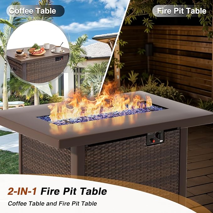 Outdoor Sectional Furniture, 5 Piece Patio Furniture Set with 42-inch Fire Wicker Propane Fire Pit Table - All Weather Wicker Rattan Couch Sofa Conversation Set for Backyard Lawn Poolside Deck, Grey