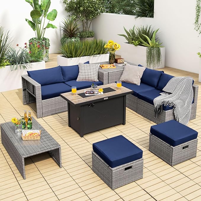 Tangkula 9 PCS Patio Furniture Set with 42” 60,000 BTU Fire Pit, Outdoor Space-Saving Sectional Sofa Set with Storage Box, Waterproof Covers Included (Navy)