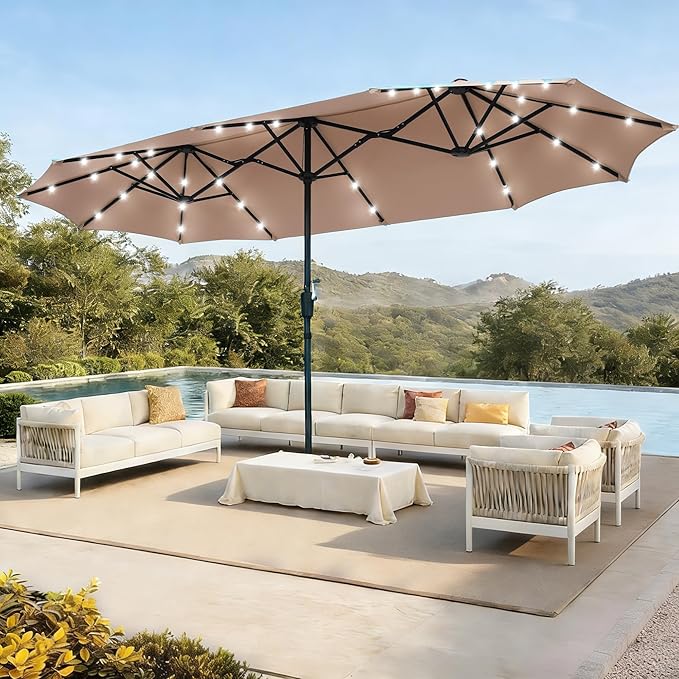 13Ft Large Patio Umbrella with Solar Lights Outdoor Double-Sided Market Table Umbrella Easy Crank for Yard, Poolside, Deck-Khaki