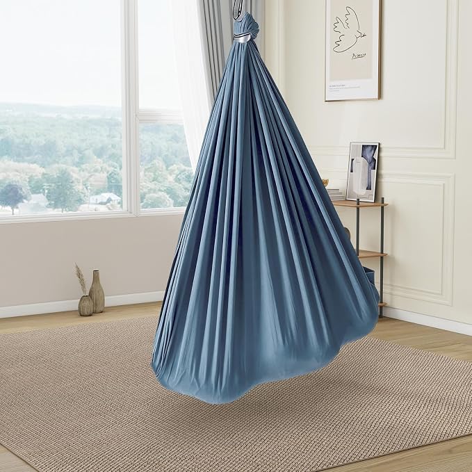 PrecisionAuto Dual-Layer Cotton Sensory Hammock Swing for Kids & Adults – Calming Deep Pressure, 360° Swivel, Adjustable Height, Indoor Outdoor, Heavy Duty, Autism & ADHD Relief, Haze Blue